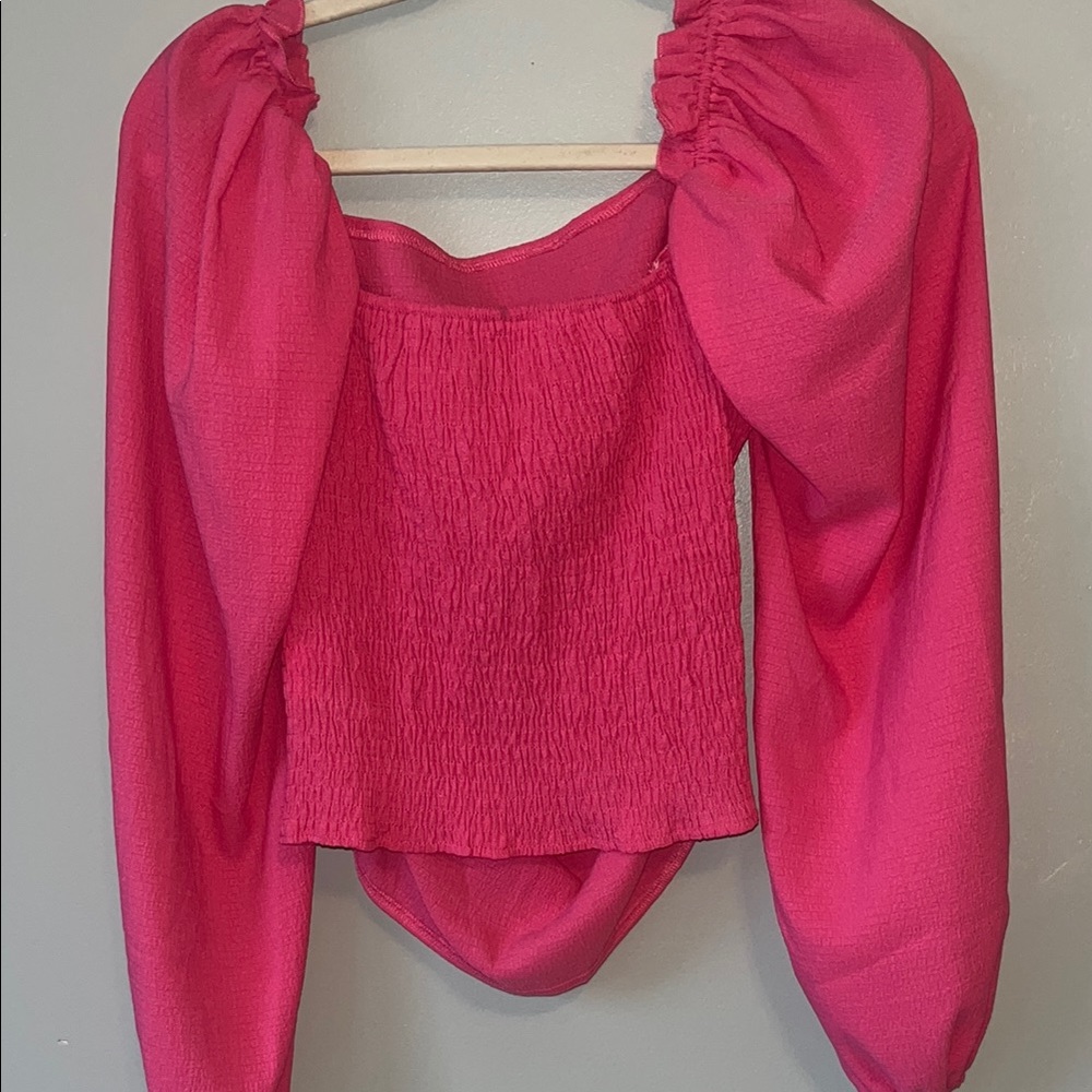 SHEIN Pink Puff Sleeve Smocked Crop Top